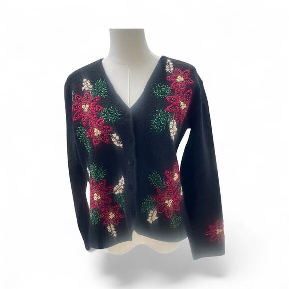 Coldwater Creek 100% Boiled Wool Christmas Embroidered Poinsettia Cardigan Sz M - Picture 1 of 5